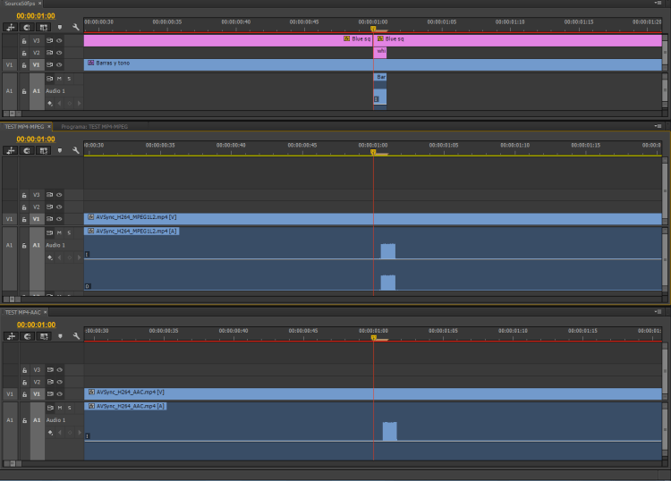 Adobe Premiere CC timelines comparison (original and exported -> Imported media: MP4-AAC and AAC-MPEG)