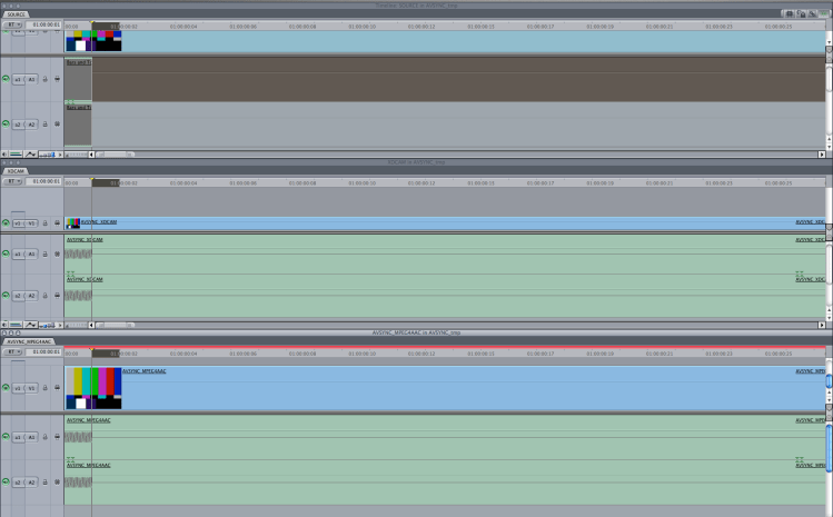 Final Cut 7 timelines comparison (original and exported -> Imported media: MOV XDCAM-PCM, and MOV MPEG4-AAC-LC)